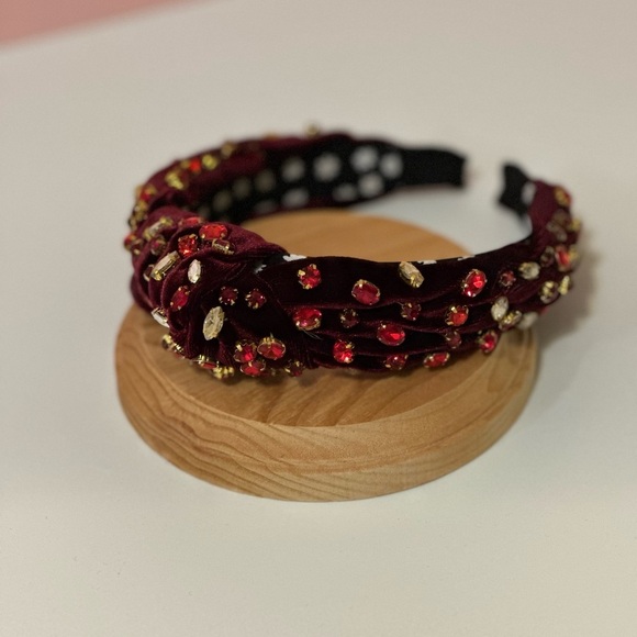 Red Rhinestone Burgundy Velvet Knot Headband - Picture 9 of 10